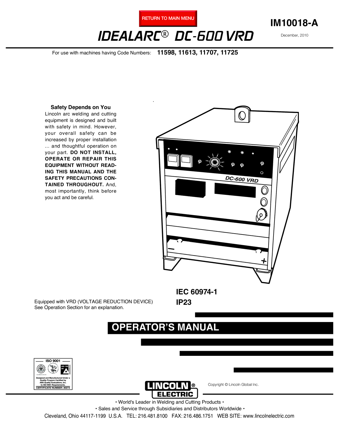 Lincoln Electric IM10018-A manual Idealarc DC-600 VRD, Safety Depends on You 