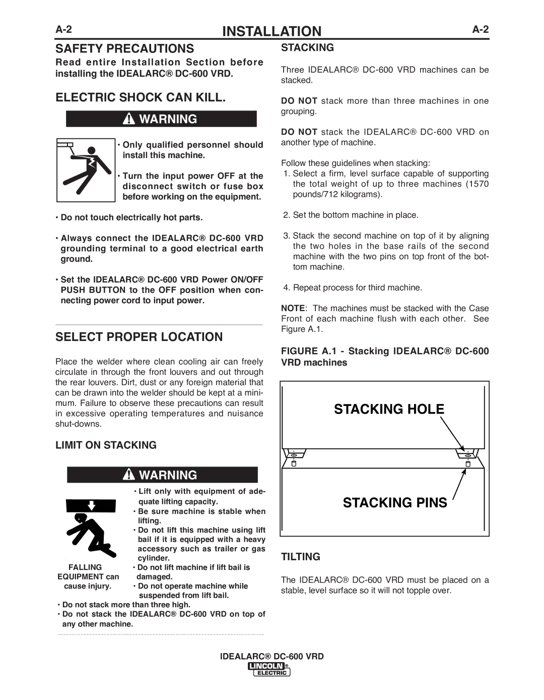 Lincoln Electric IM10018-A manual Stacking Hole Stacking Pins, Safety Precautions, Electric Shock can Kill 