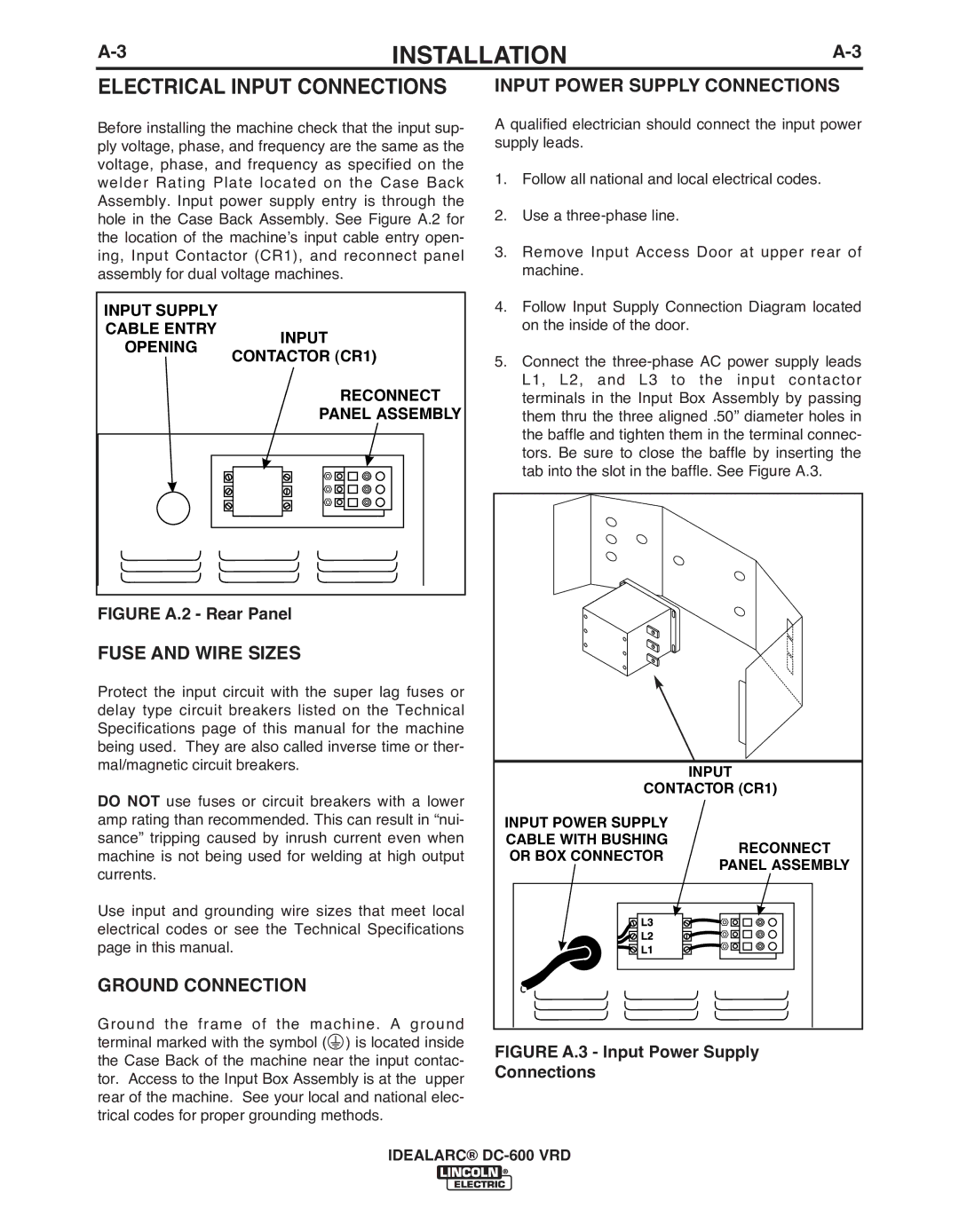 Lincoln Electric IM10018-A manual Electrical Input Connections, Fuse and Wire SIzES, Ground Connection 