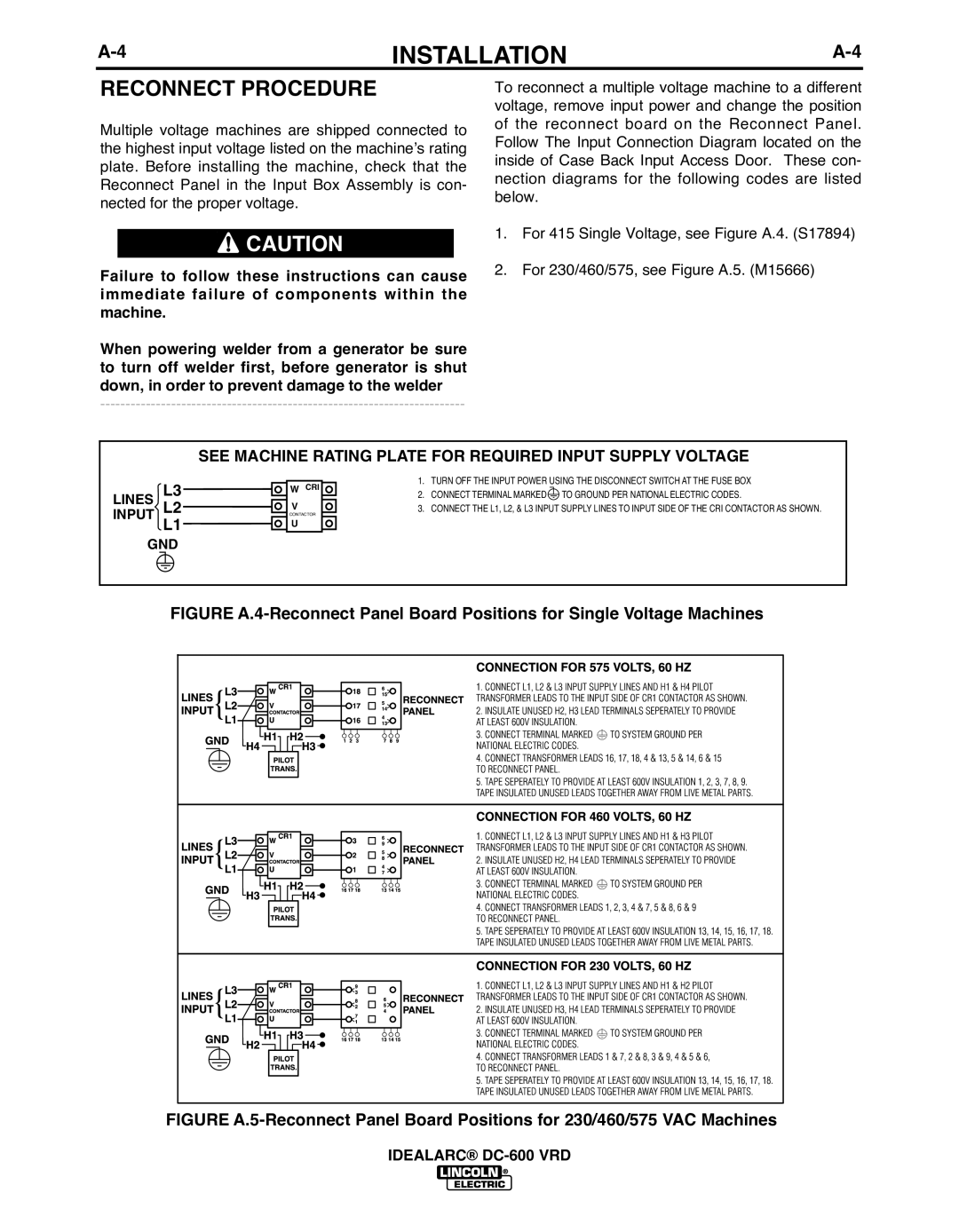 Lincoln Electric IM10018-A manual Reconnect Procedure, See Machine Rating Plate for Required Input Supply Voltage 