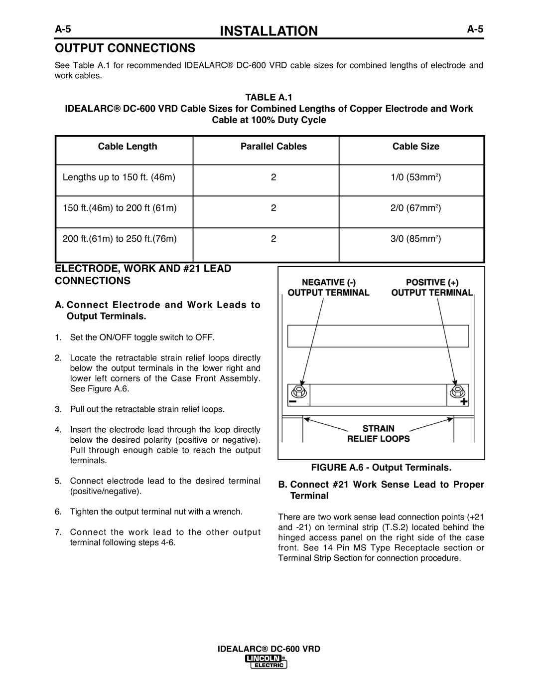 Lincoln Electric IM10018-A manual Output Connections, ELECTRODE, Work and #21 Lead Connections 