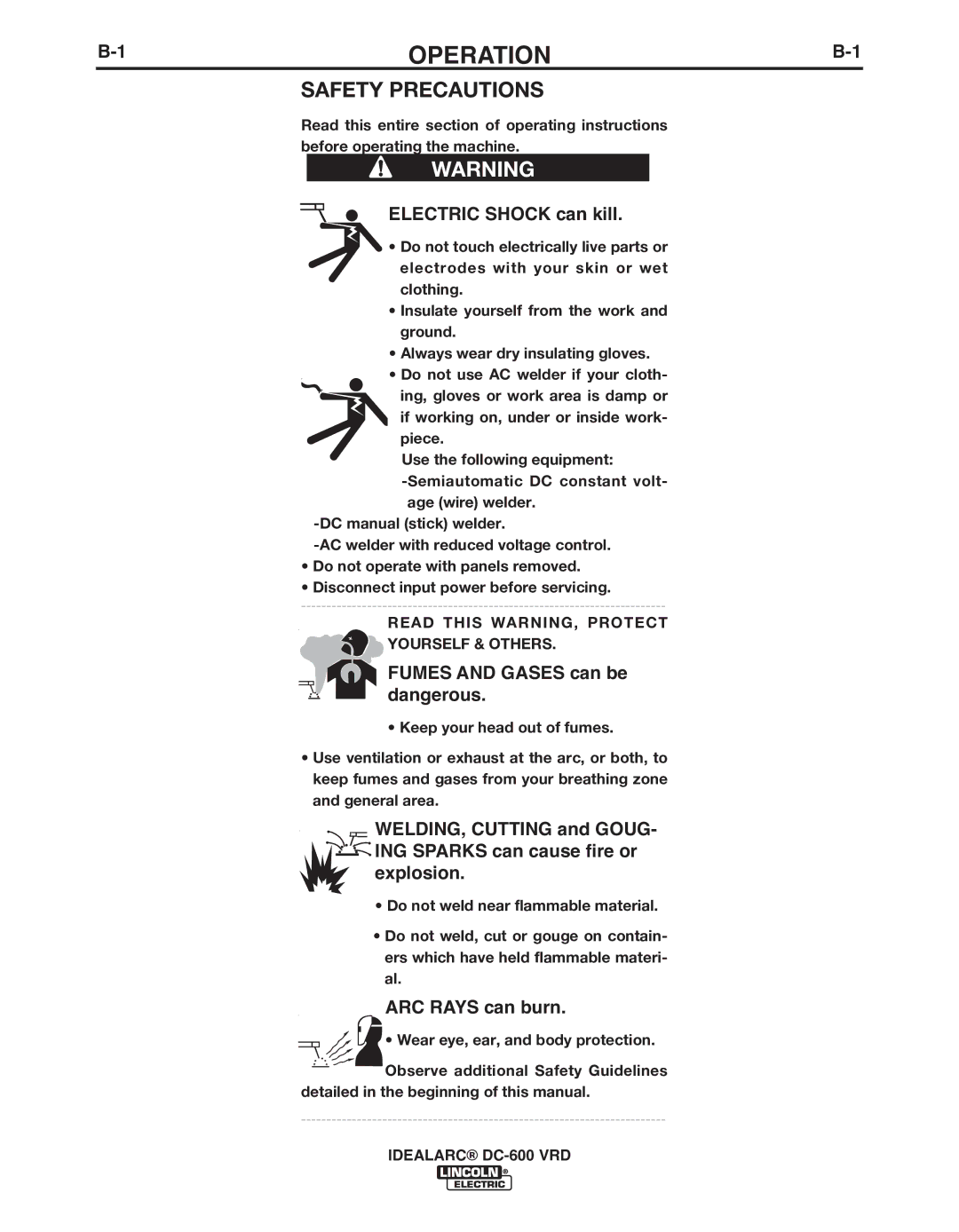 Lincoln Electric IM10018-A manual Electric Shock can kill, Fumes and Gases can be dangerous, ARC Rays can burn 