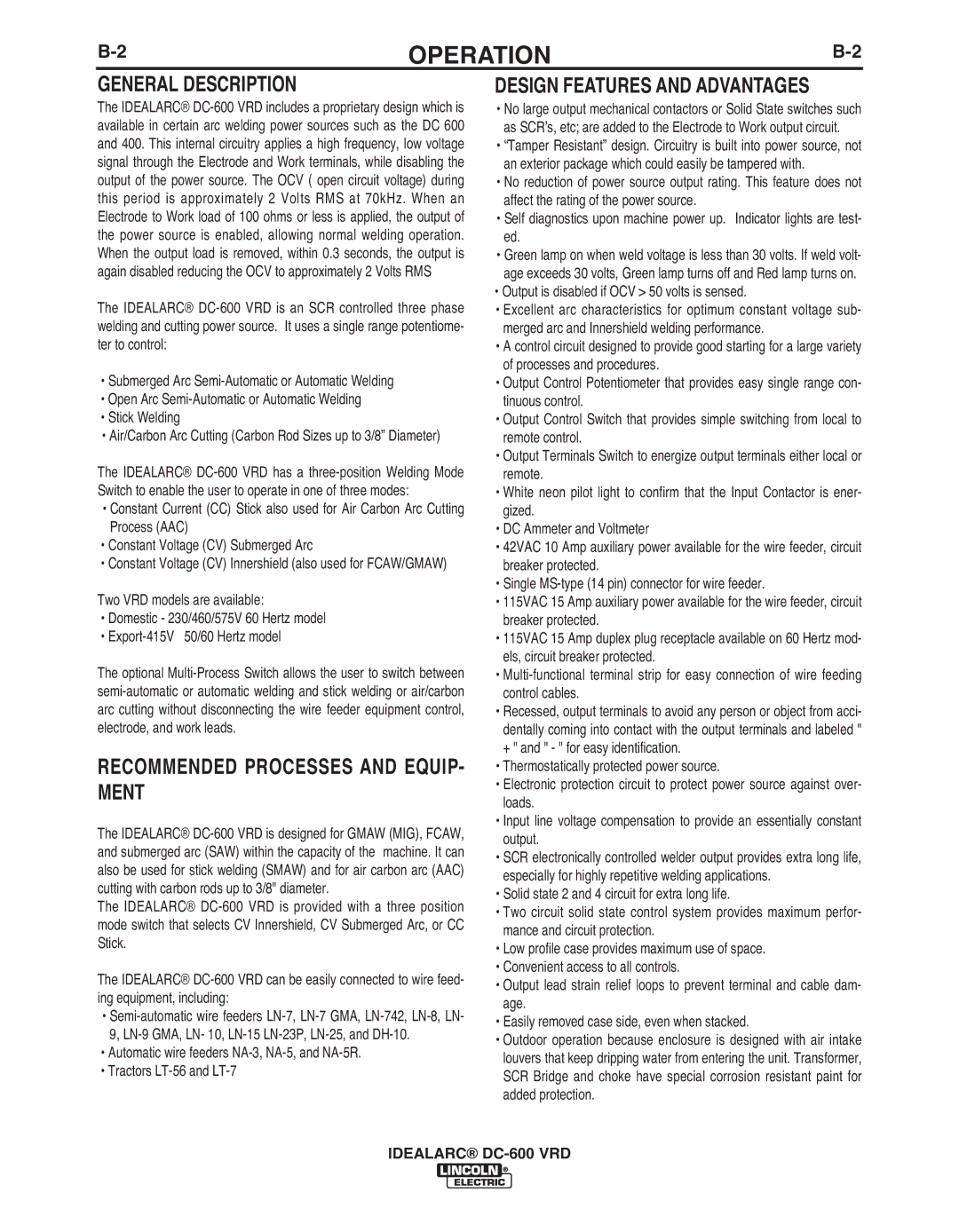 Lincoln Electric IM10018-A manual Operation, General Description, Recommended Processes and EQUIP- Ment 