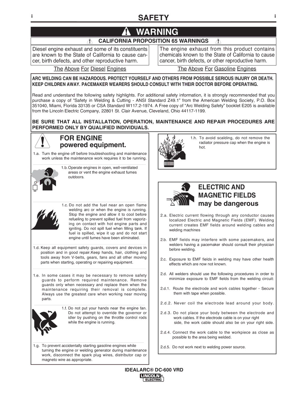 Lincoln Electric IM10018-A manual Safety, California Proposition 65 Warnings 