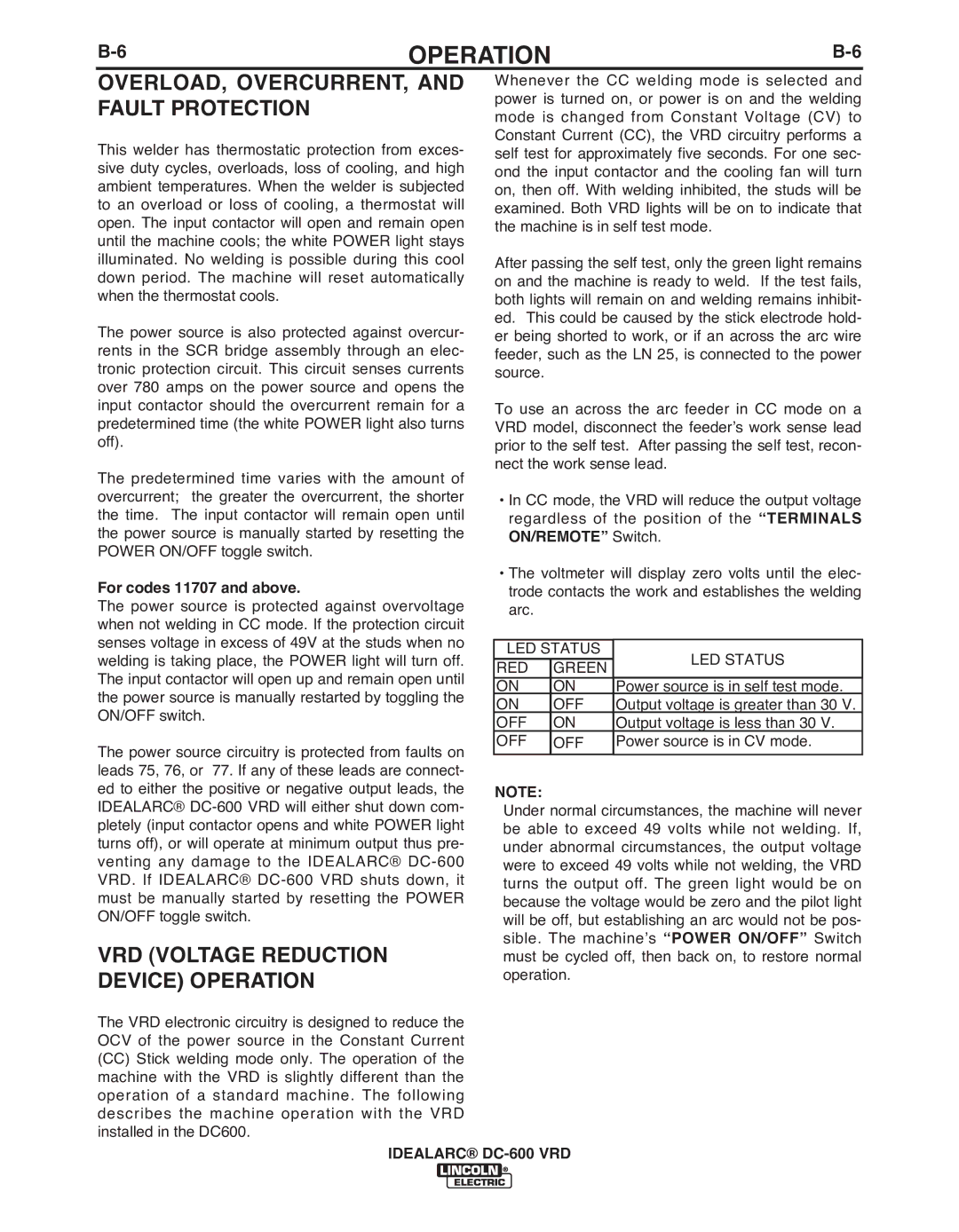 Lincoln Electric IM10018-A manual OVERLOAD, OVERCURRENT, and Fault Protection, For codes 11707 and above 