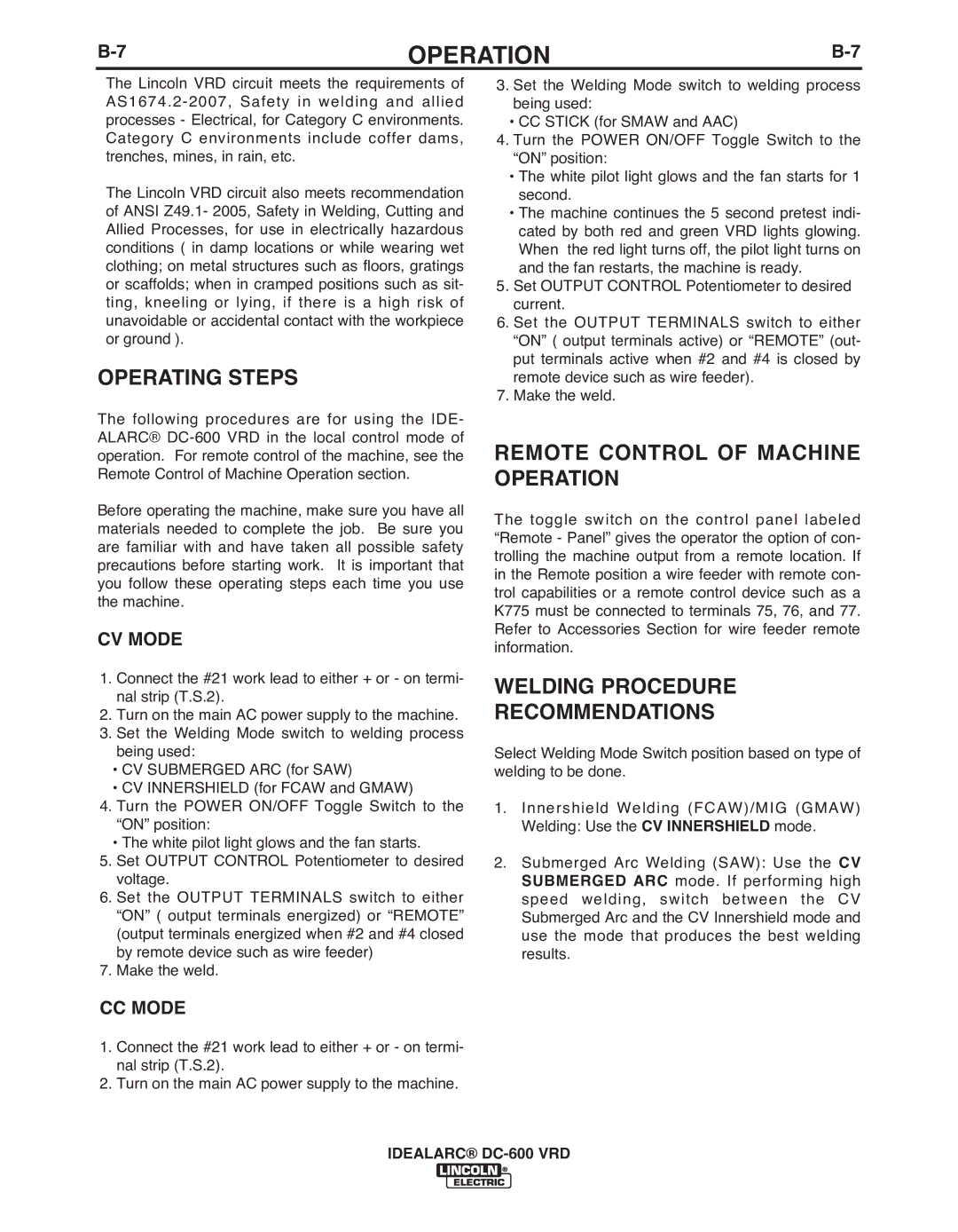 Lincoln Electric IM10018-A manual Operating Steps, Remote Control of Machine Operation, Welding Procedure Recommendations 