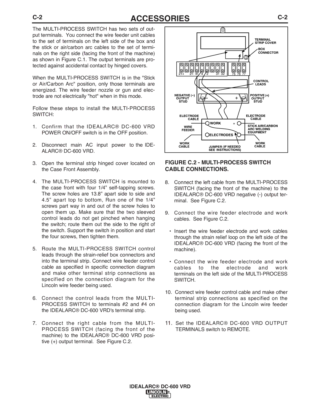 Lincoln Electric IM10018-A manual Figure C.2 MULTI-PROCESS Switch CAbLE Connections 