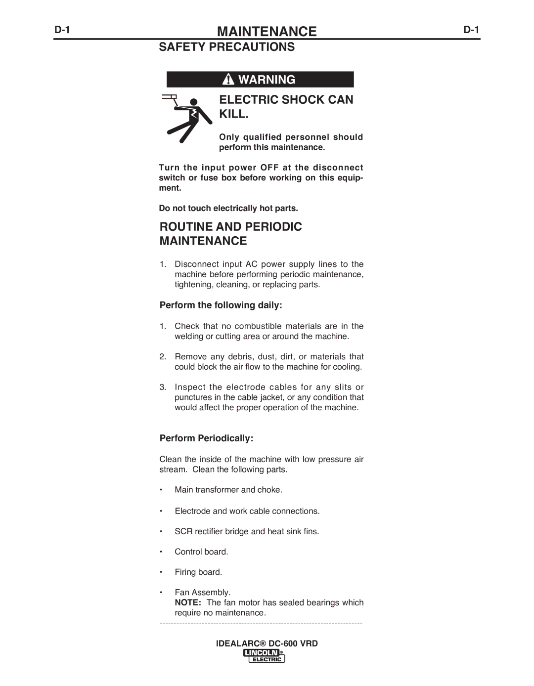 Lincoln Electric IM10018-A 1MAINTENANCED-1, Safety Precautions Electric Shock can Kill, Routine and Periodic Maintenance 