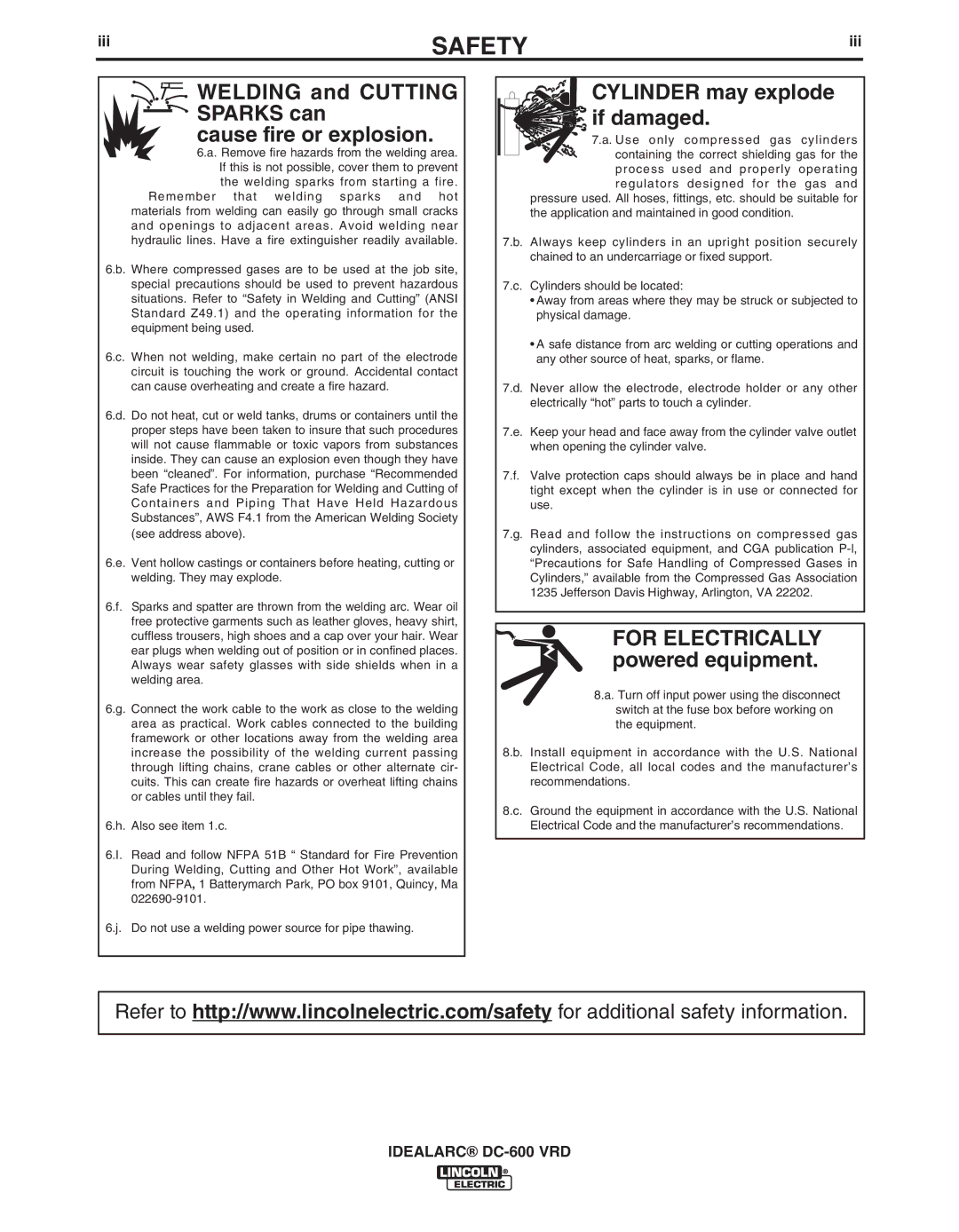 Lincoln Electric IM10018-A manual Welding and Cutting Sparks can Cause fire or explosion, Iii 