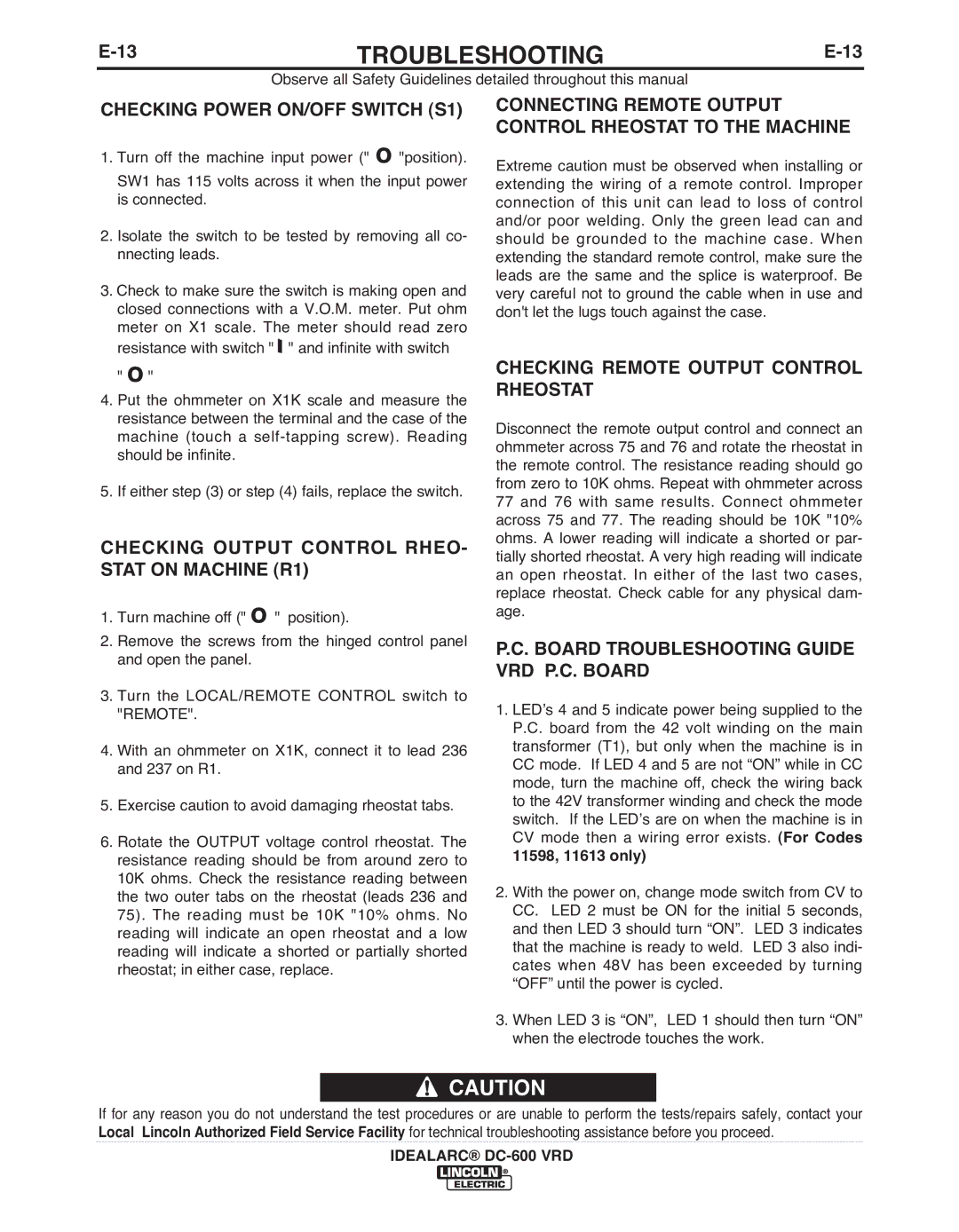 Lincoln Electric IM10018-A manual Checking Power ON/OFF Switch S1, Checking Output Control RHEO- Stat on Machine R1 