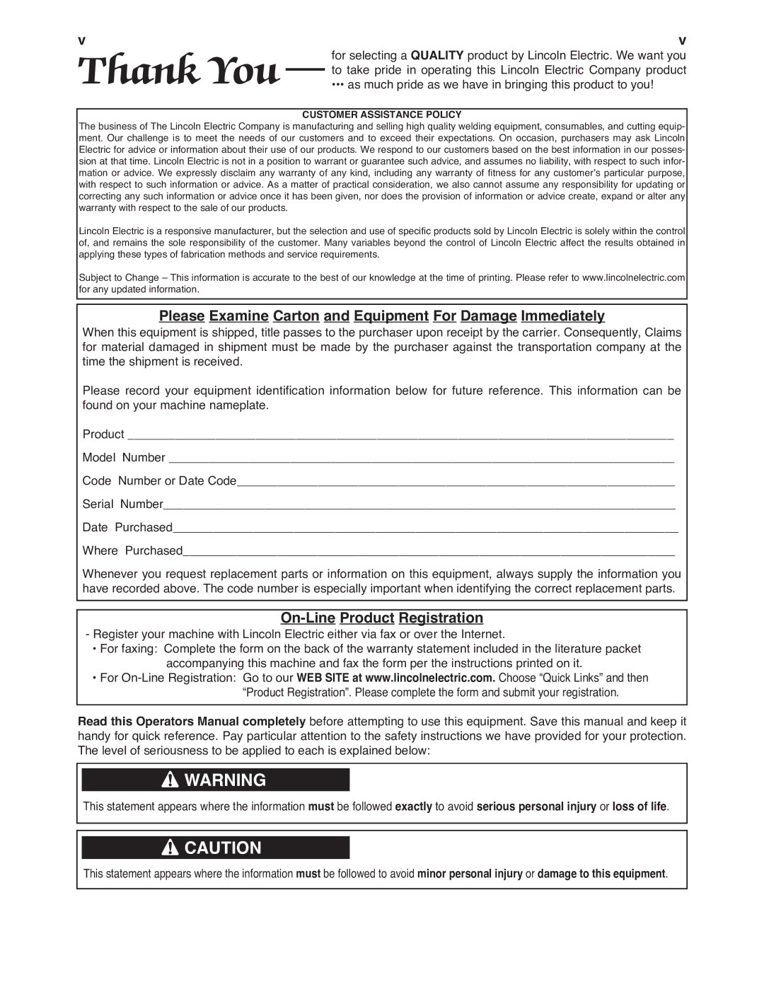 Lincoln Electric IM10018-A manual Please Examine Carton and Equipment For Damage Immediately, On-Line Product Registration 