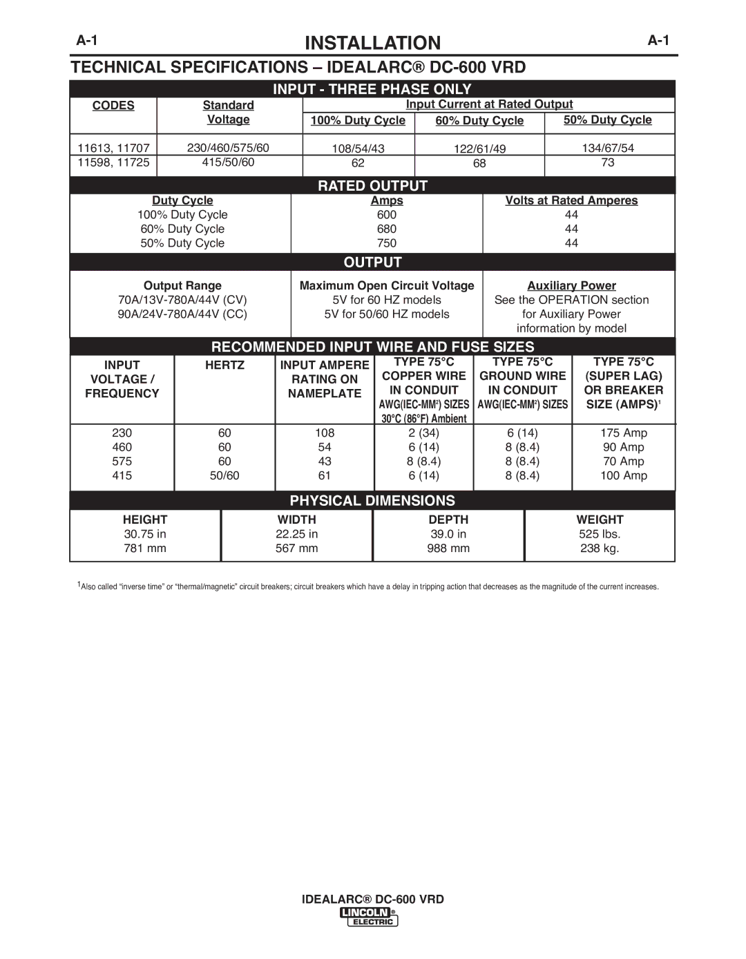 Lincoln Electric IM10018-A manual Installation, Technical Specifications Idealarc DC-600 VRD 