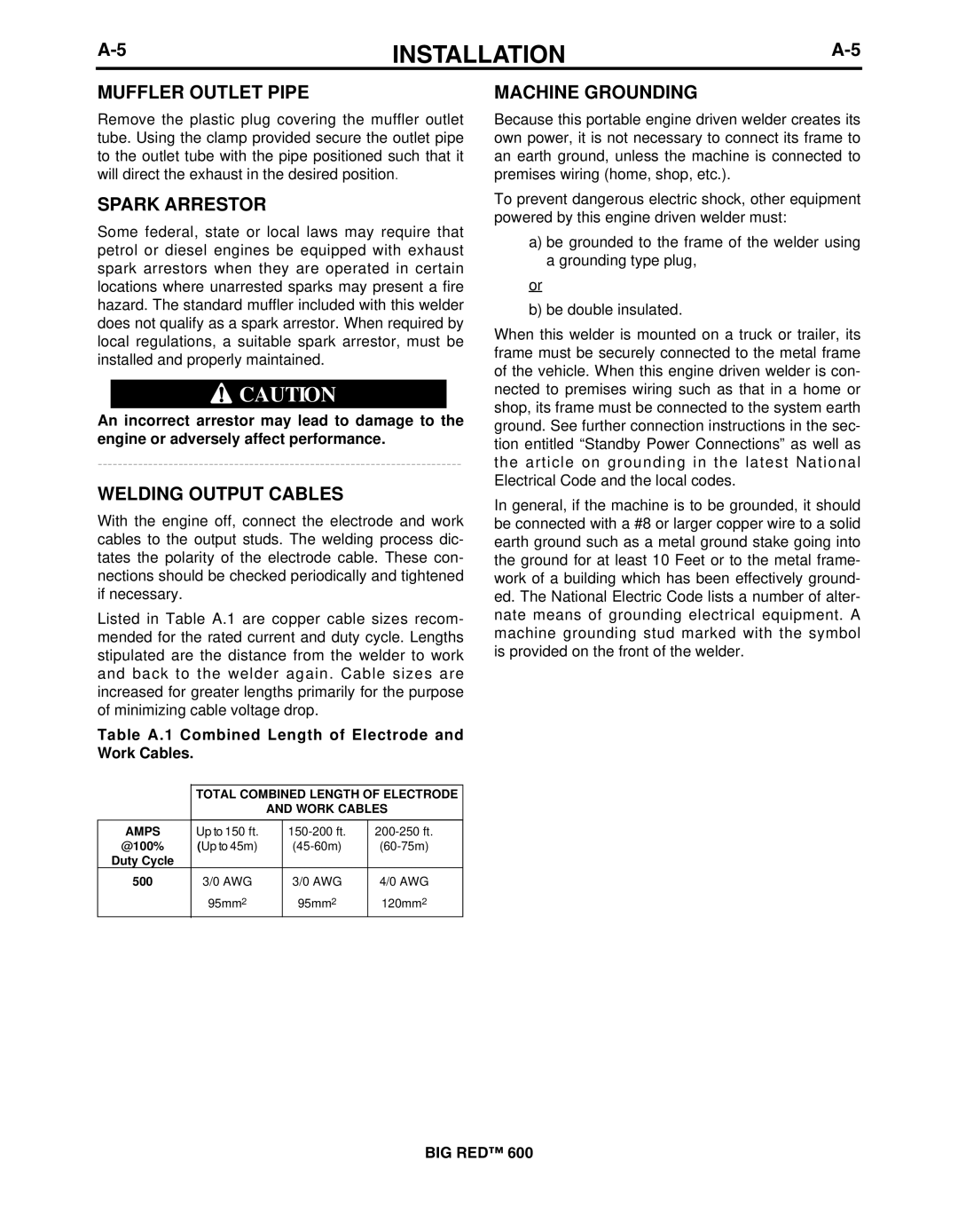 Lincoln Electric IM10019 manual Muffler Outlet Pipe, Spark Arrestor, Welding Output Cables, Machine Grounding 