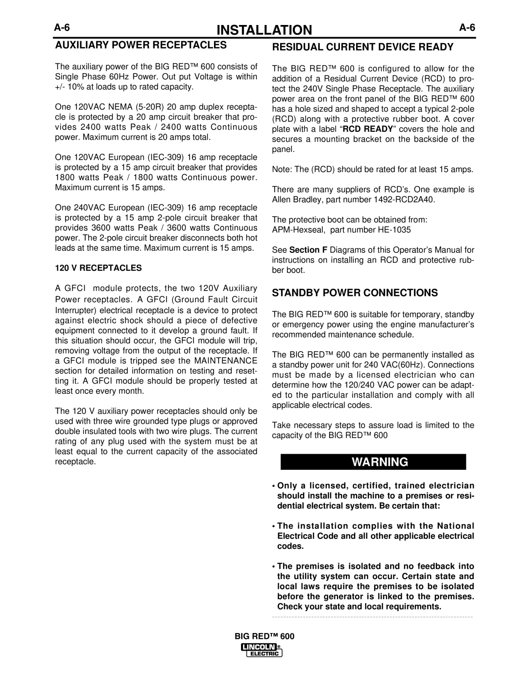 Lincoln Electric IM10019 manual Auxiliary Power Receptacles, Residual Current Device Ready, Standby Power Connections 