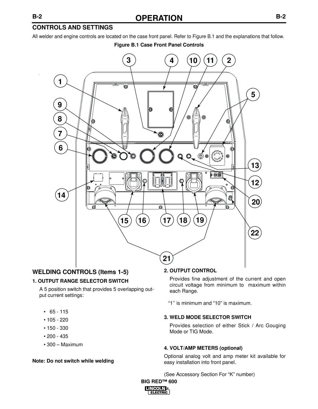 Lincoln Electric IM10019 Controls and Settings, Output Range Selector Switch, Output Control, Weld Mode Selector Switch 