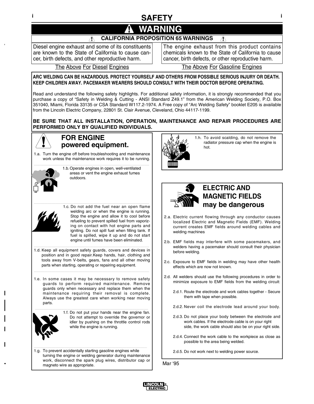 Lincoln Electric IM10019 manual Safety, California Proposition 65 Warnings 