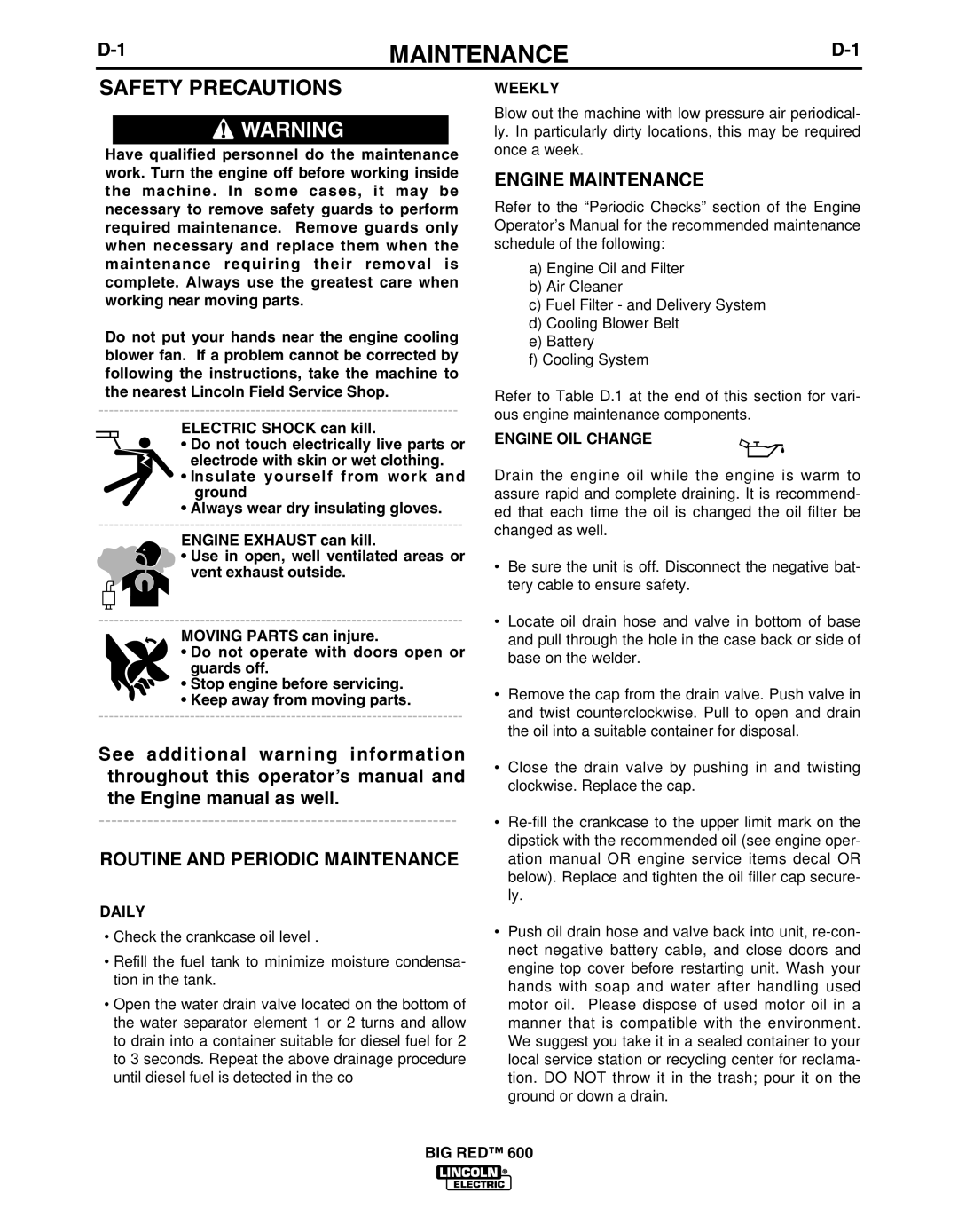 Lincoln Electric IM10019 manual Routine and Periodic Maintenance, Engine Maintenance 