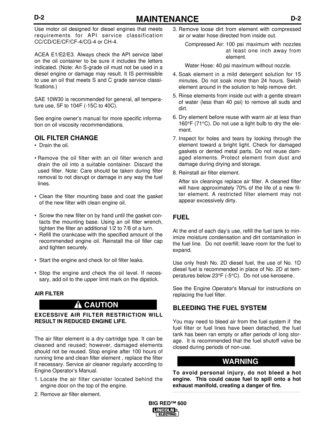 Lincoln Electric IM10019 manual OIL Filter Change, Bleeding the Fuel System 