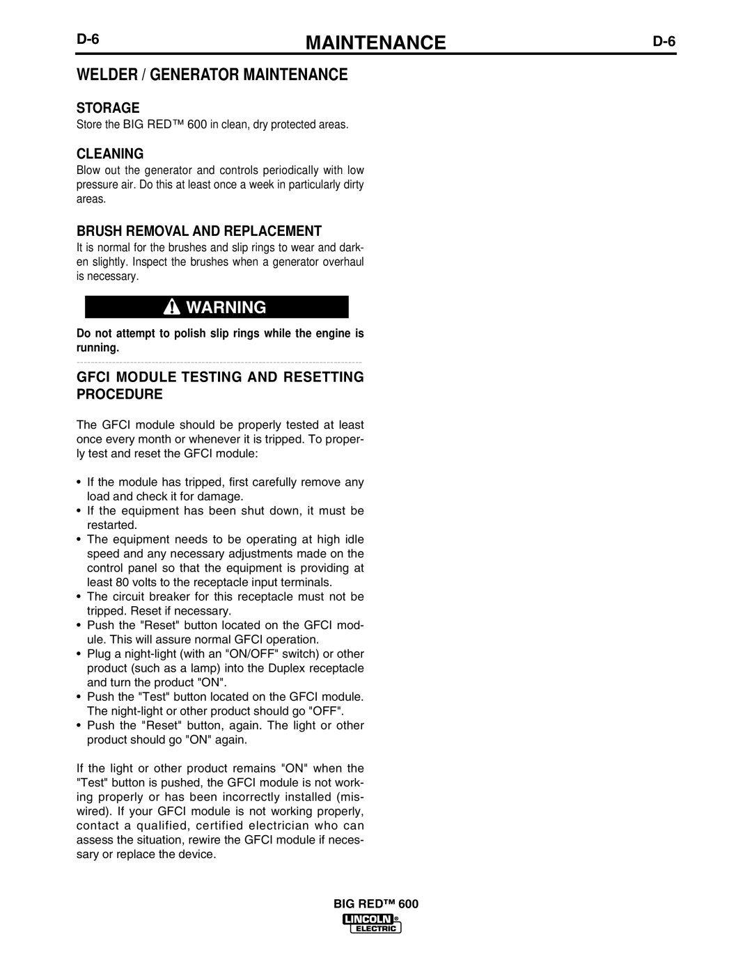 Lincoln Electric IM10019 manual Storage, Cleaning, Brush Removal and Replacement 