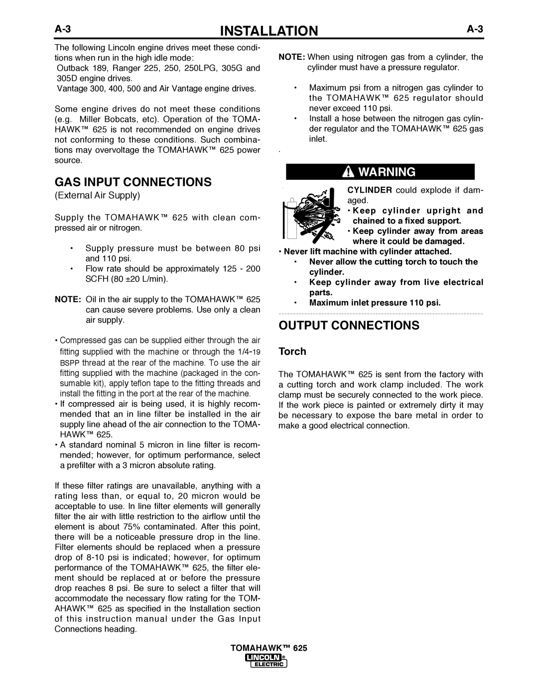 Lincoln Electric IM10020 manual GAS Input Connections, Output Connections 