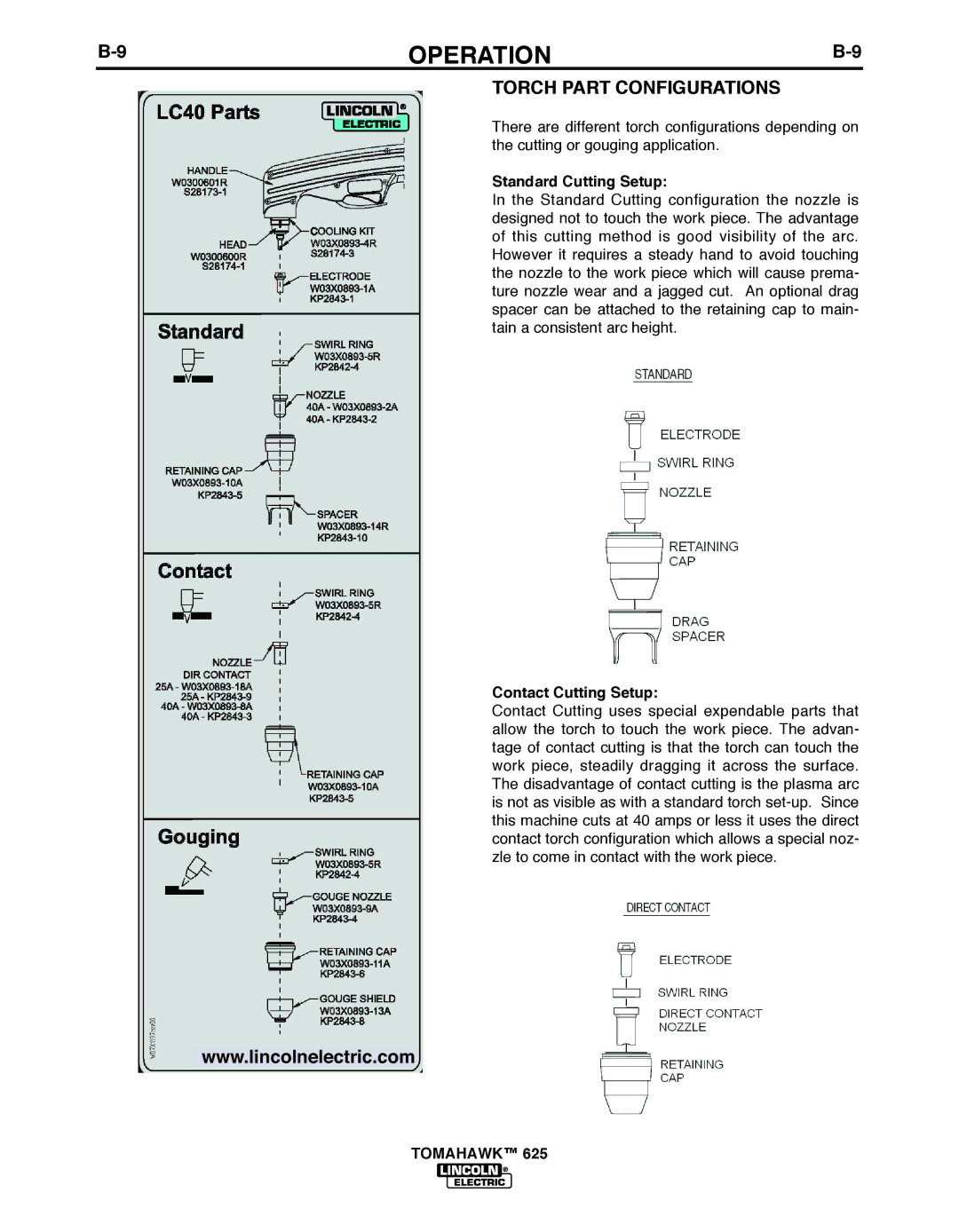 Lincoln Electric IM10020 manual Torch Part Configurations, Standard Cutting Setup, Contact Cutting Setup 