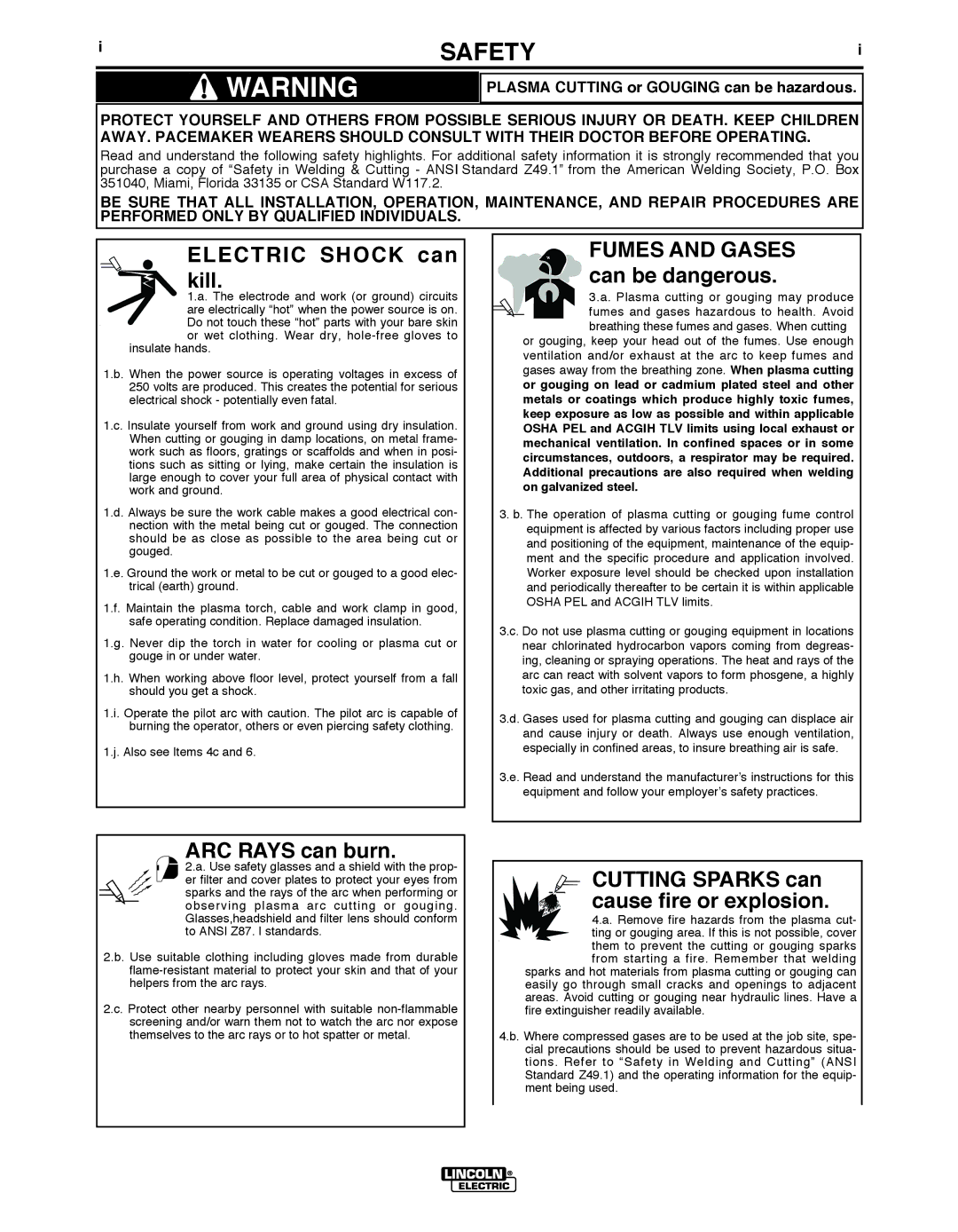 Lincoln Electric IM10020 manual Safety, PLASMA CUTTING or Gouging can be hazardous 