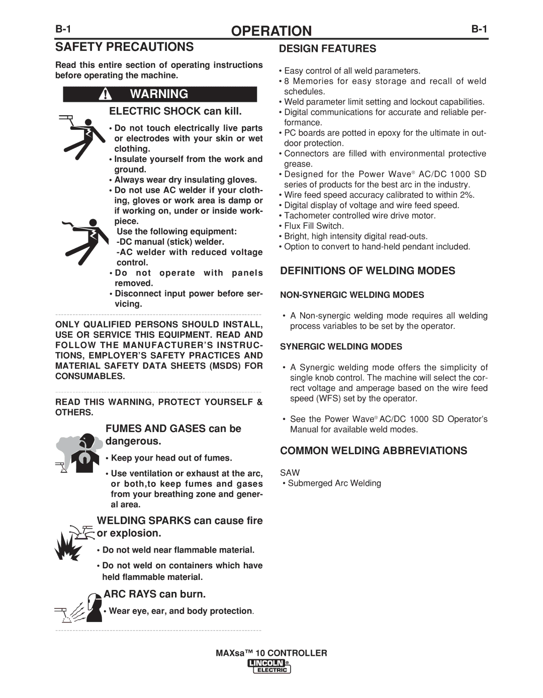 Lincoln Electric IM10023 manual Operation, Safety Precautions, Design Features, Definitions of Welding Modes 