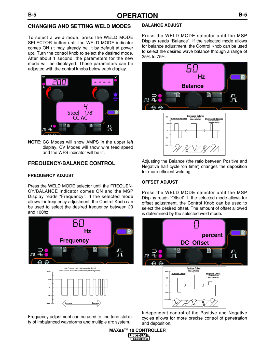 Lincoln Electric IM10023 Changing and Setting Weld Modes, FREQUENCY/BALANCE Control, Frequency Adjust, Balance Adjust 