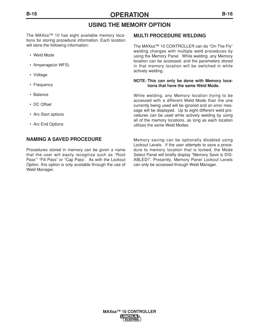 Lincoln Electric IM10023 manual Using the Memory Option, Naming a Saved Procedure, Multi Procedure Welding 