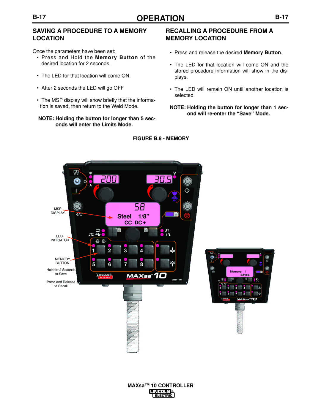 Lincoln Electric IM10023 Saving a Procedure to a Memory Location, Recalling a Procedure from a Memory Location, Steel 1/8 