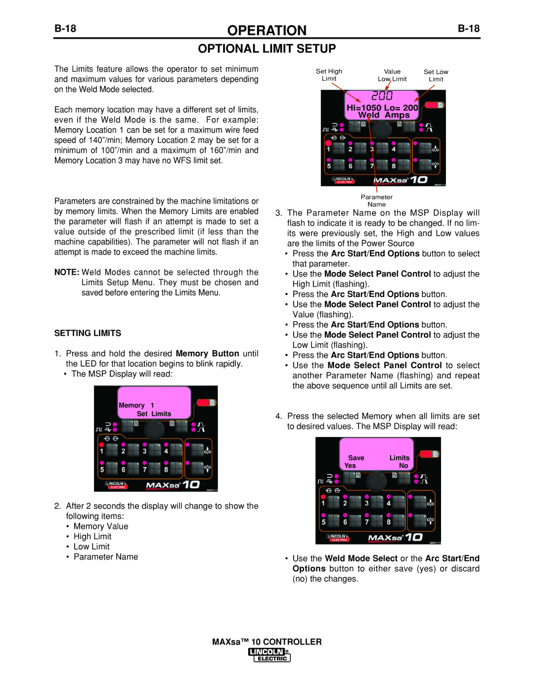 Lincoln Electric IM10023 manual Optional Limit Setup, Setting Limits 