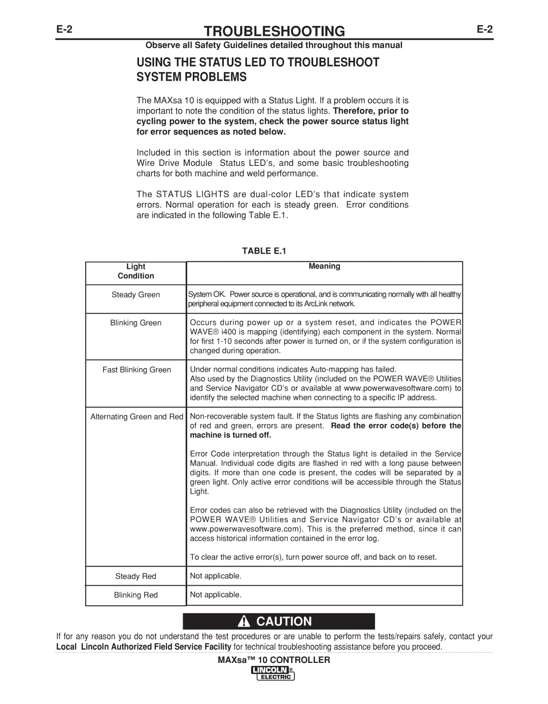 Lincoln Electric IM10023 manual Using the Status LED to Troubleshoot System Problems, Table E.1 