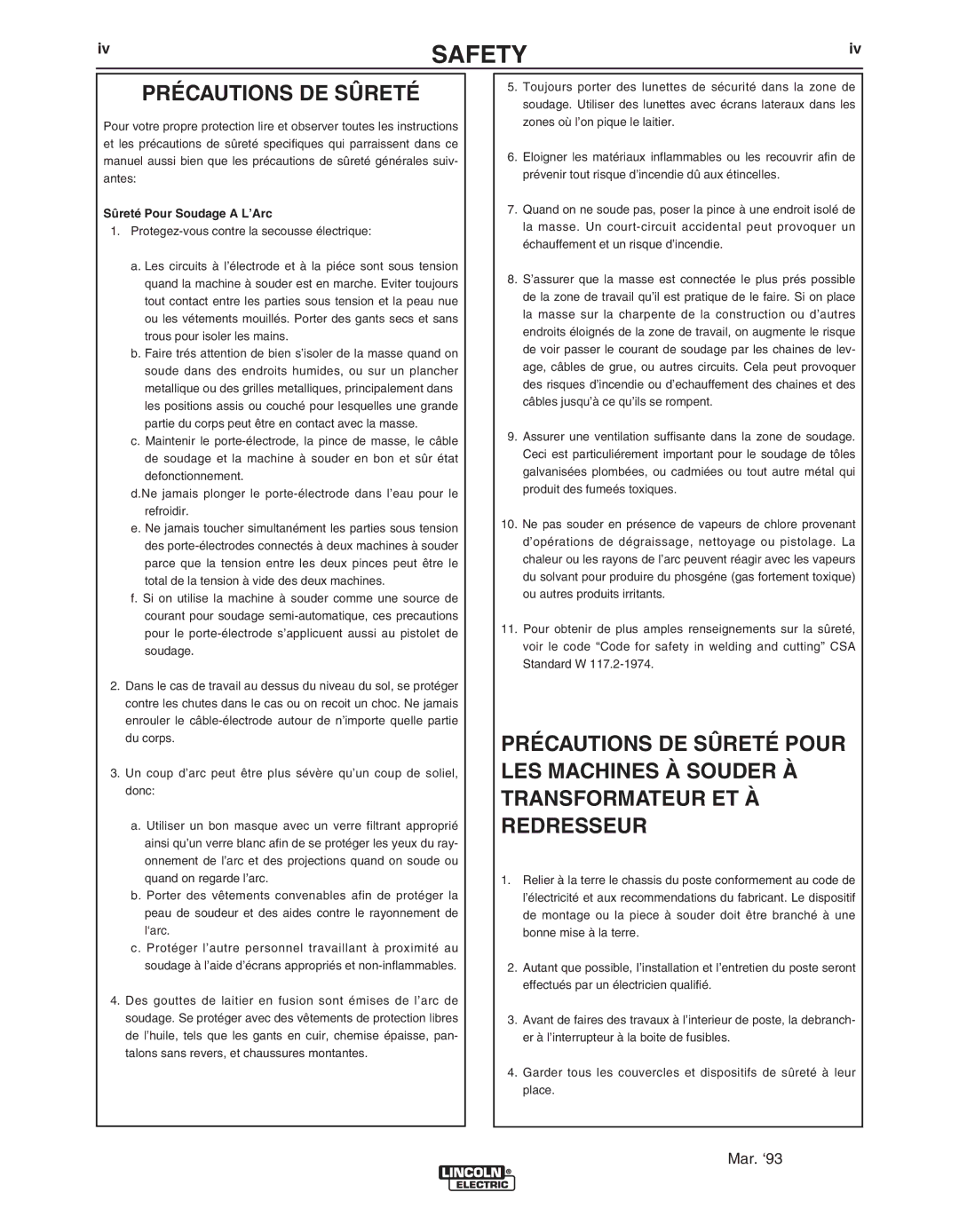 Lincoln Electric IM10023 manual Précautions DE Sûreté 