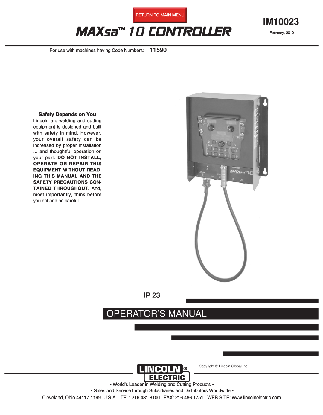 Lincoln Electric IM10023 manual MAXsa, Controller, Operator’S Manual, Safety Depends on You 