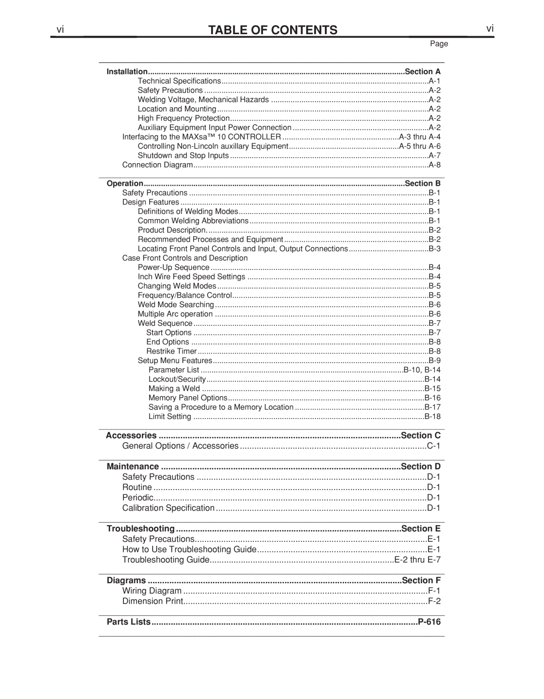 Lincoln Electric IM10023 manual Table Of Contents, Section C, Section D, Section E, Section F, P-616 