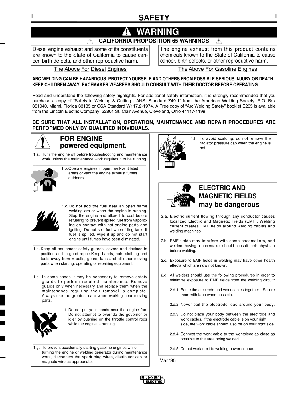 Lincoln Electric IM10024 manual Safety, California Proposition 65 Warnings 