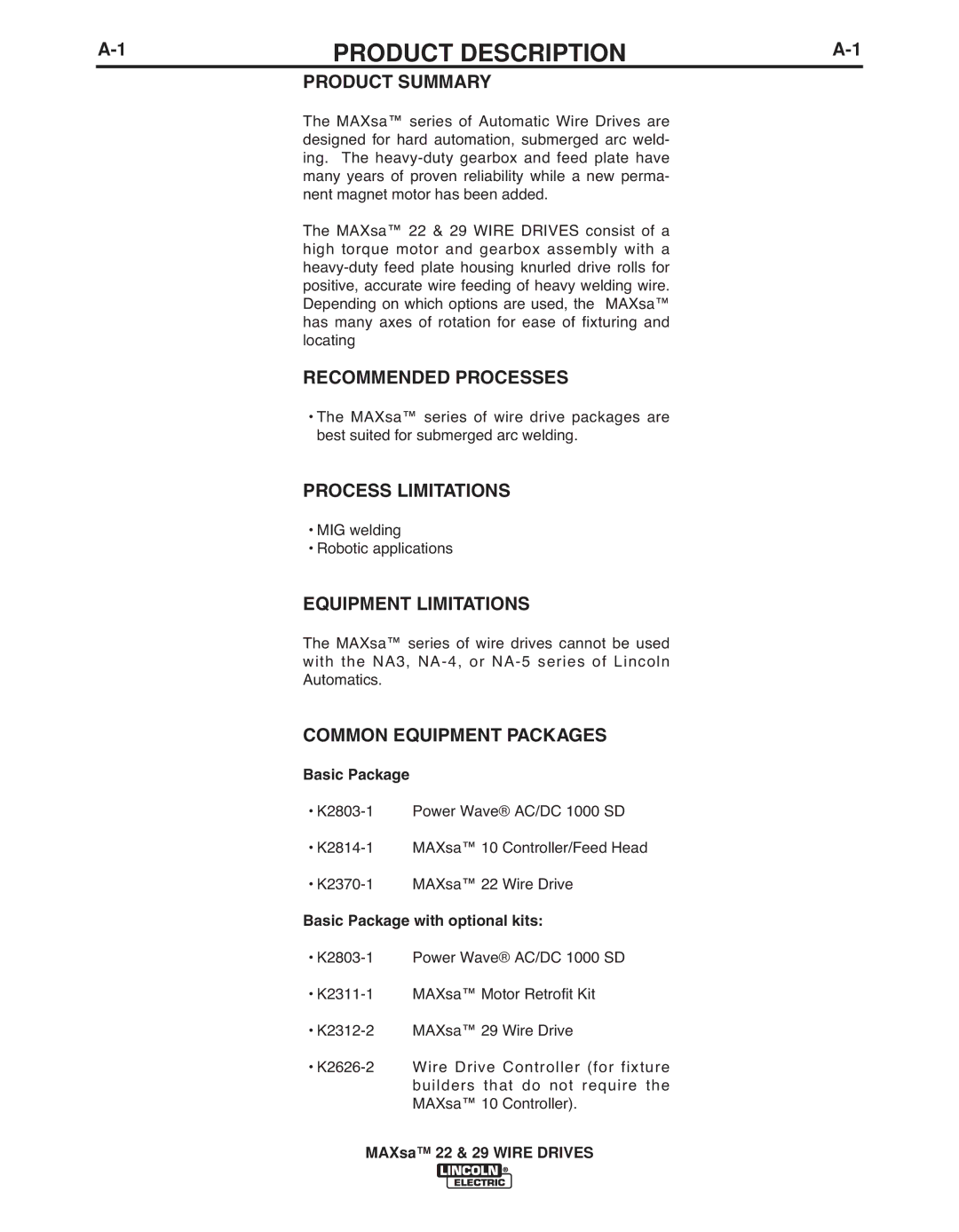 Lincoln Electric IM10024 manual 1PRODUCT DESCRIPTIONA-1, MAXsa 22 & 29 Wire Drives 