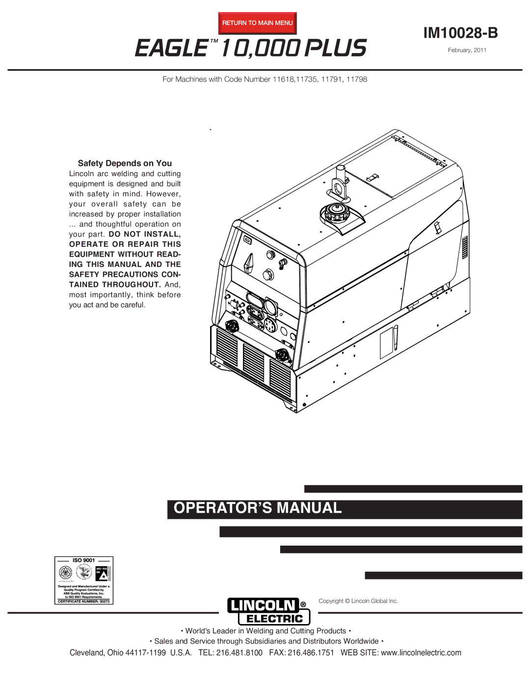 Lincoln Electric IM10028-B manual Eagle 10,000 Plus, Safety Depends on You 