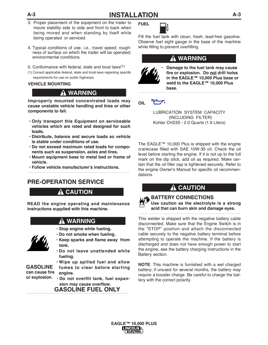 Lincoln Electric IM10028-B manual PRE-OPERATION Service, Gasoline Fuel only, Battery Connections 