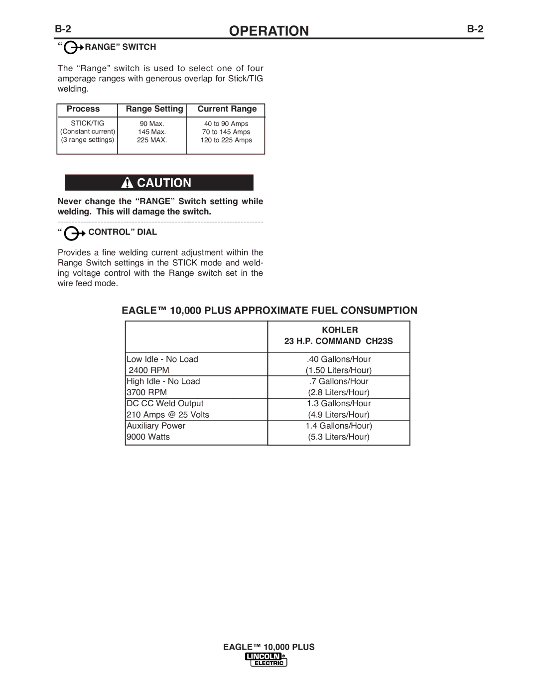 Lincoln Electric IM10028-B manual Eagle 10,000 Plus Approximate Fuel Consumption, Range Switch, Control Dial, Kohler 