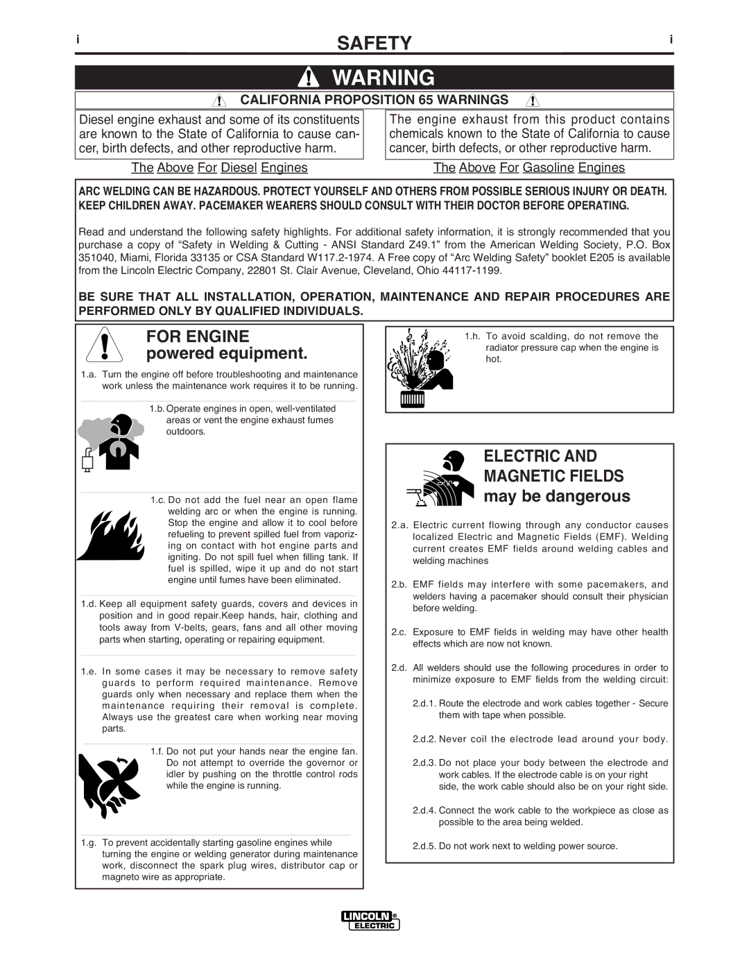 Lincoln Electric IM10028-B manual Safety, California Proposition 65 Warnings 