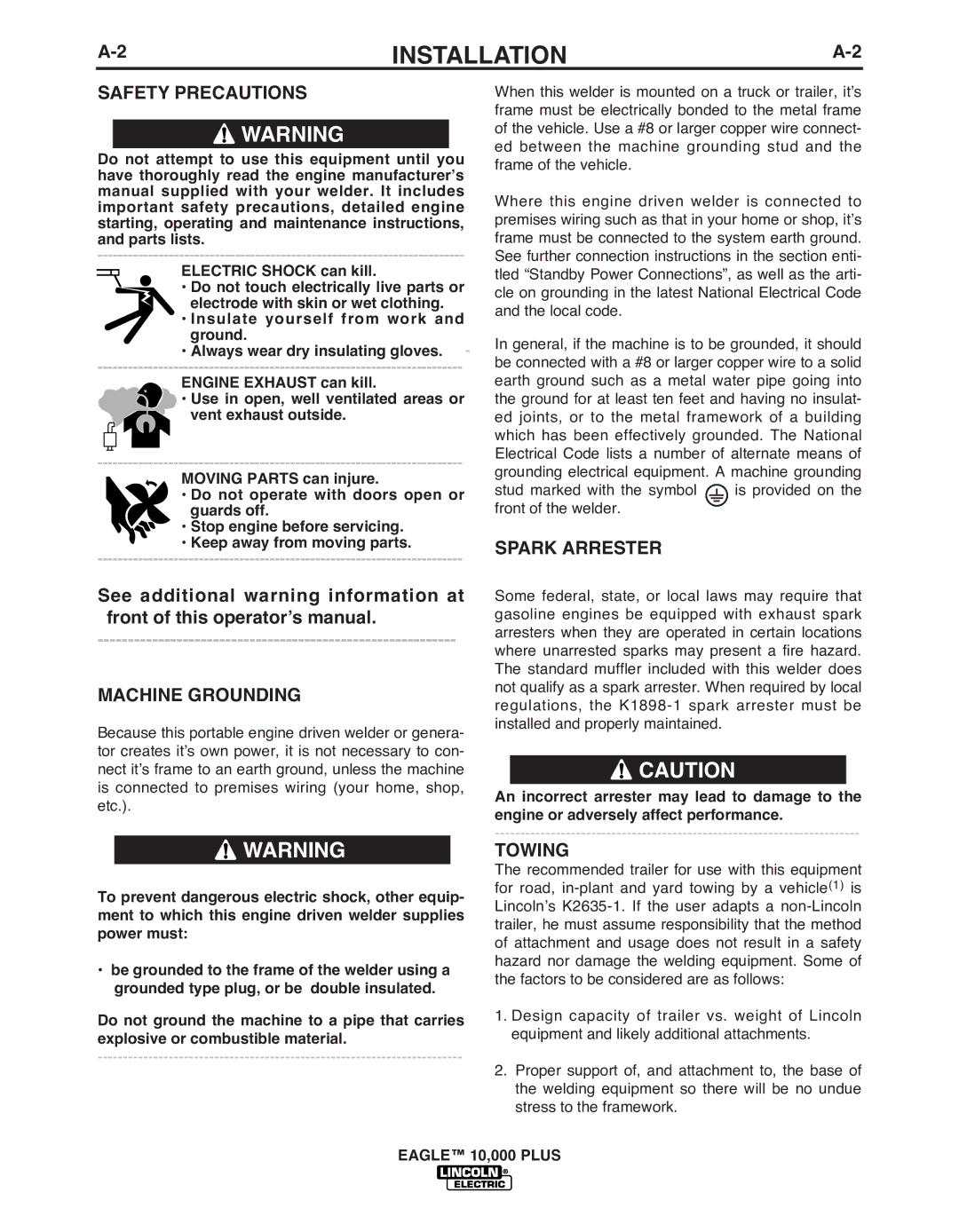 Lincoln Electric IM10028-B manual Safety Precautions, Machine Grounding, Spark Arrester, Towing 