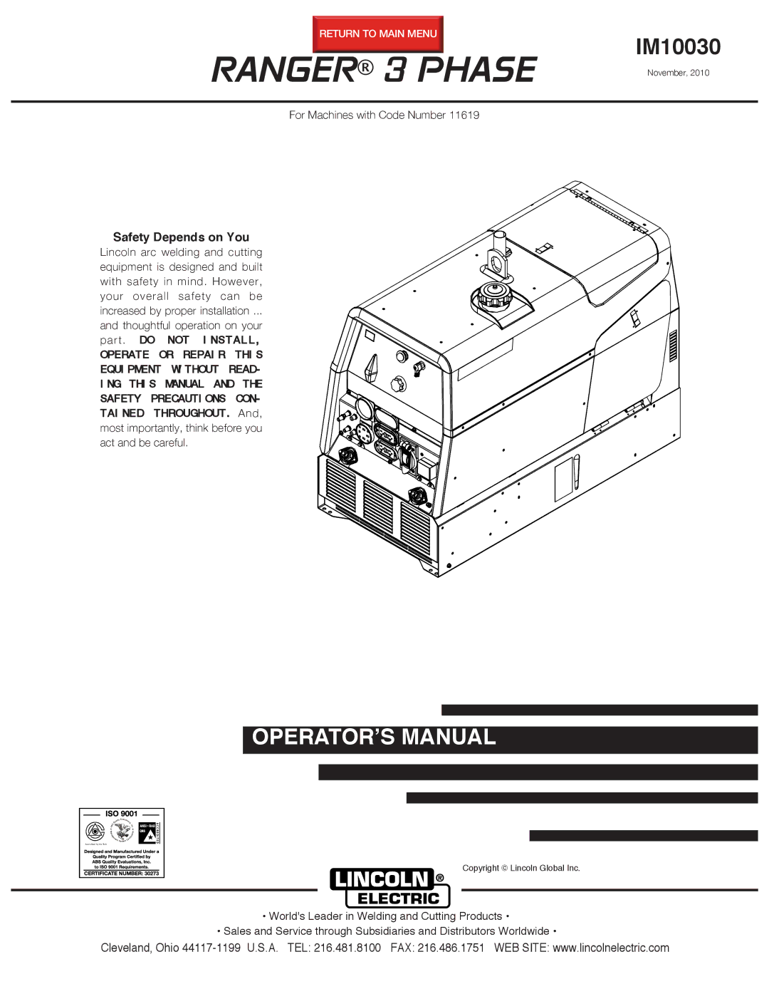 Lincoln Electric IM10030 manual Ranger 3 Phase, Safety Depends on You 