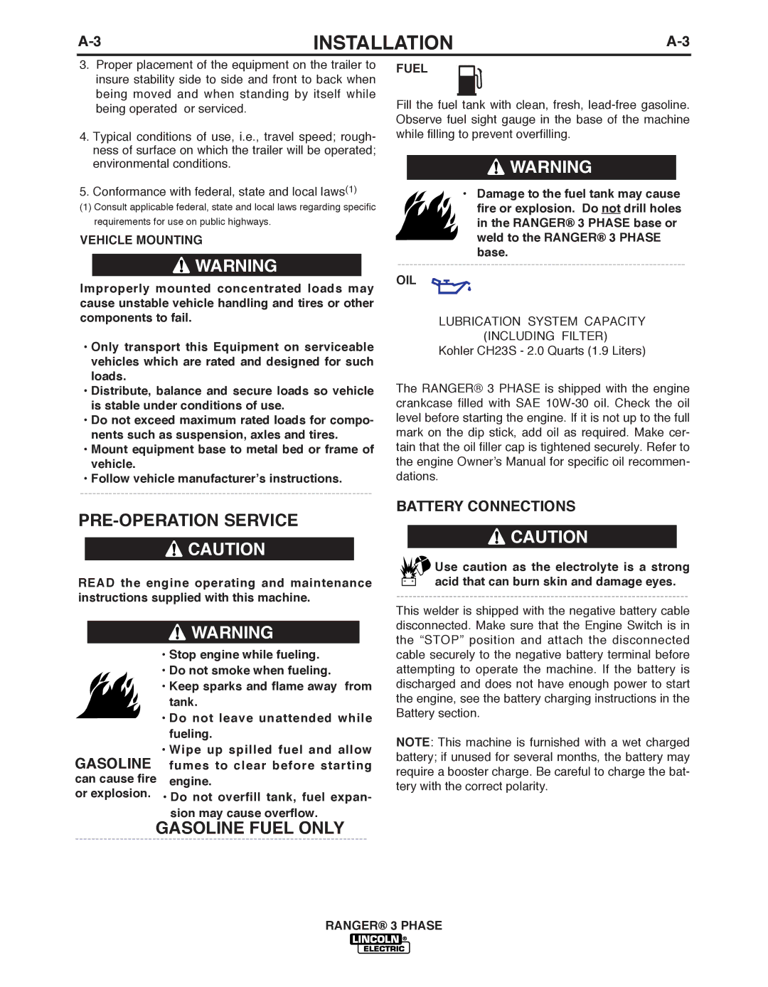 Lincoln Electric IM10030 manual PRE-OPERATION Service, Gasoline Fuel only, BATTERY Connections 