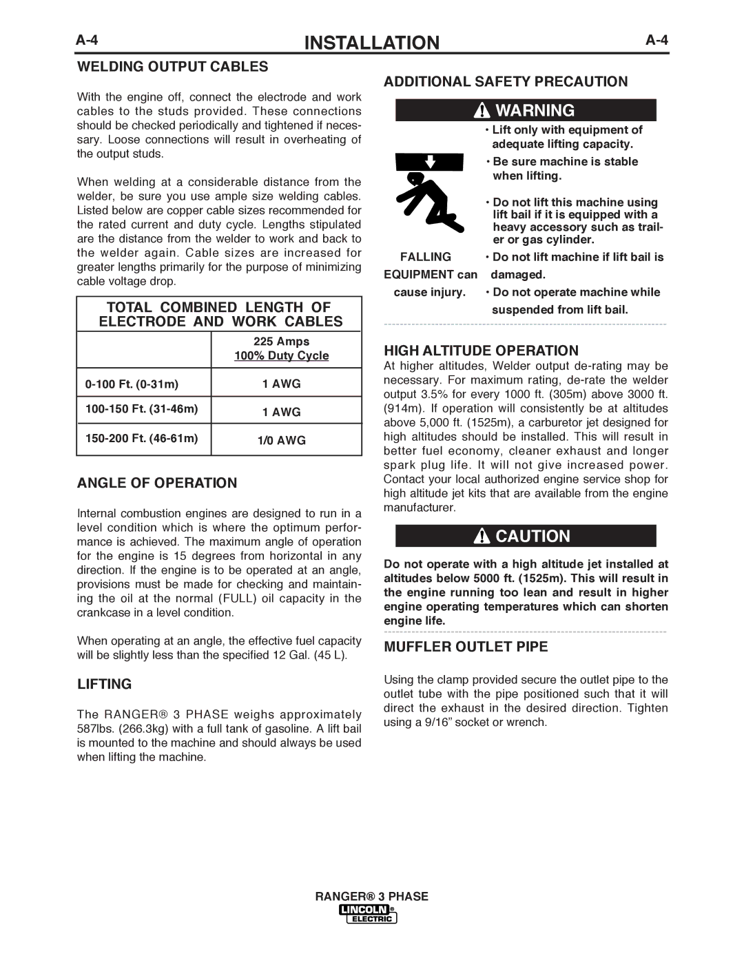 Lincoln Electric IM10030 manual Angle of Operation, Lifting, Additional Safety Precaution, Muffler Outlet Pipe 