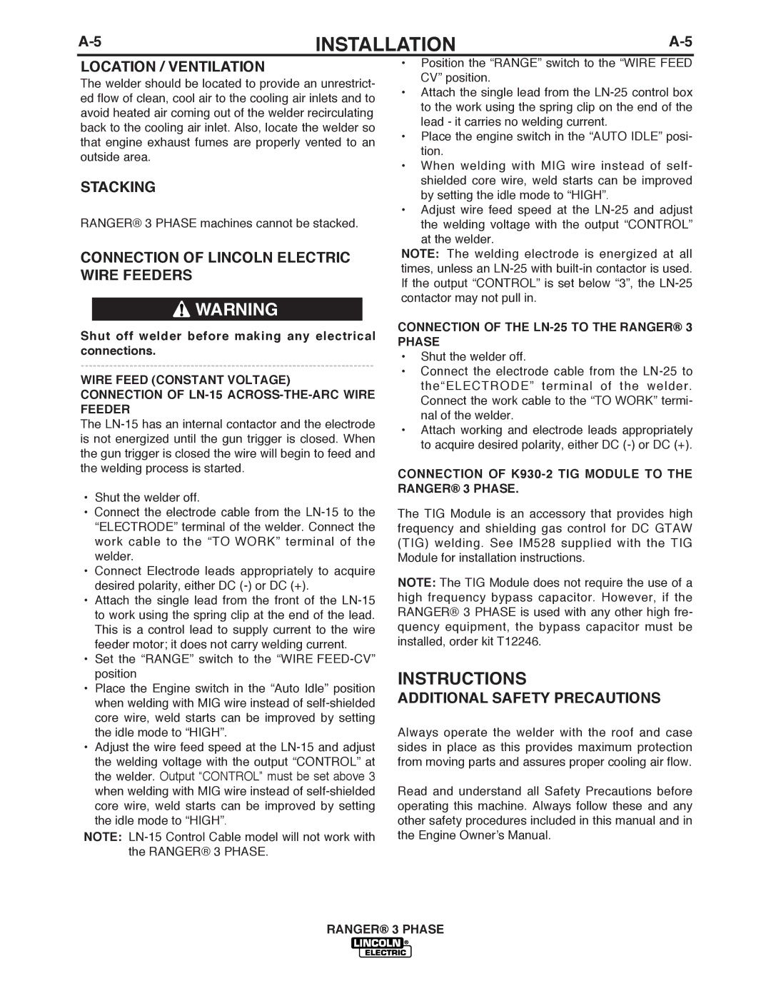 Lincoln Electric IM10030 manual Instructions, Location / Ventilation, Stacking, Connection of Lincoln Electric Wire Feeders 