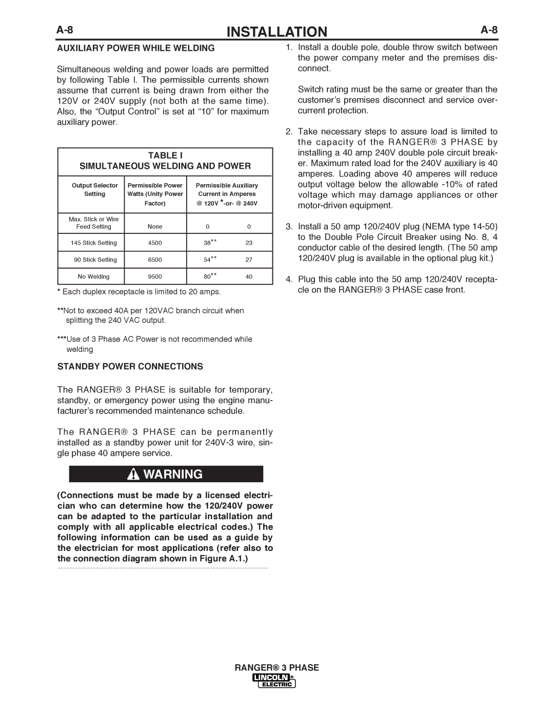 Lincoln Electric IM10030 manual Auxiliary Power WhILE Welding, Simultaneous Welding and Power, STANDbY Power Connections 