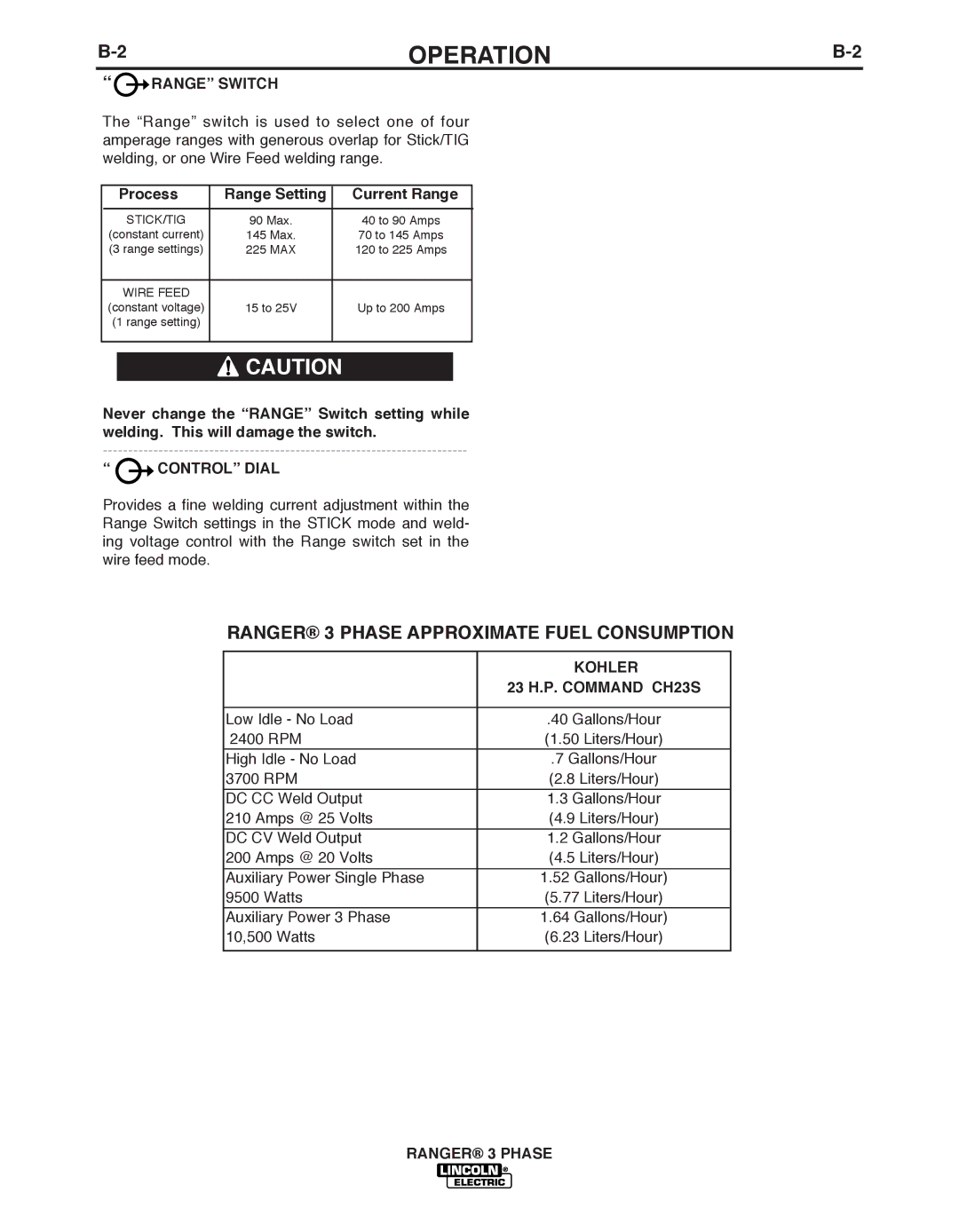 Lincoln Electric IM10030 manual Ranger 3 PhASE Approximate Fuel Consumption, Control Dial 