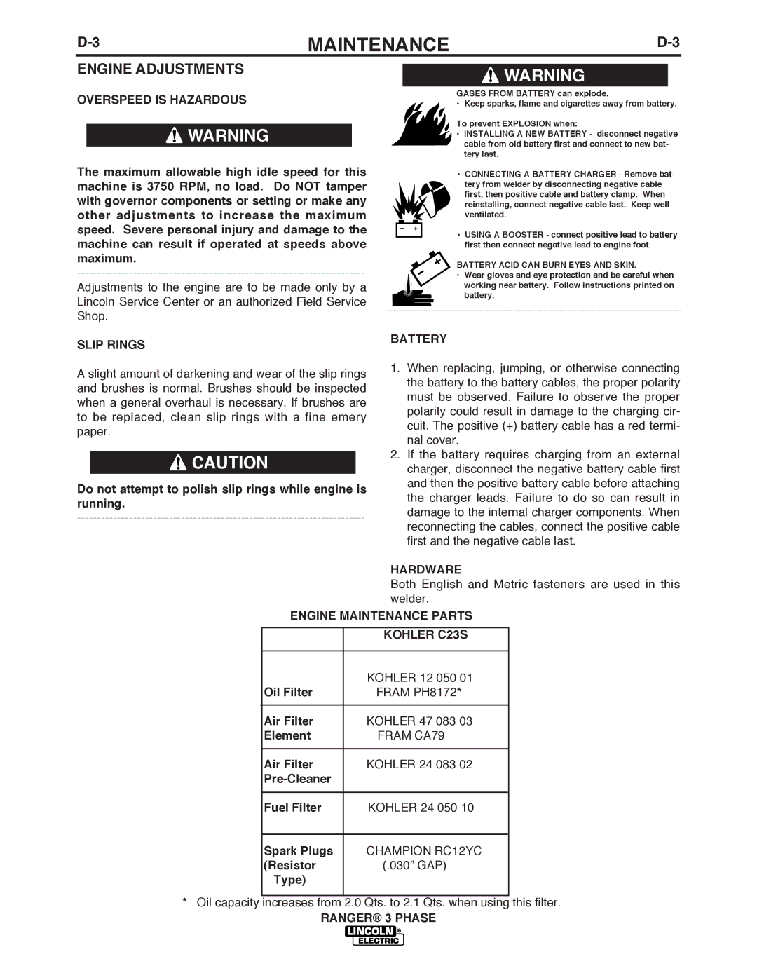 Lincoln Electric IM10030 manual Engine Adjustments, Slip Rings, Engine Maintenance Parts 