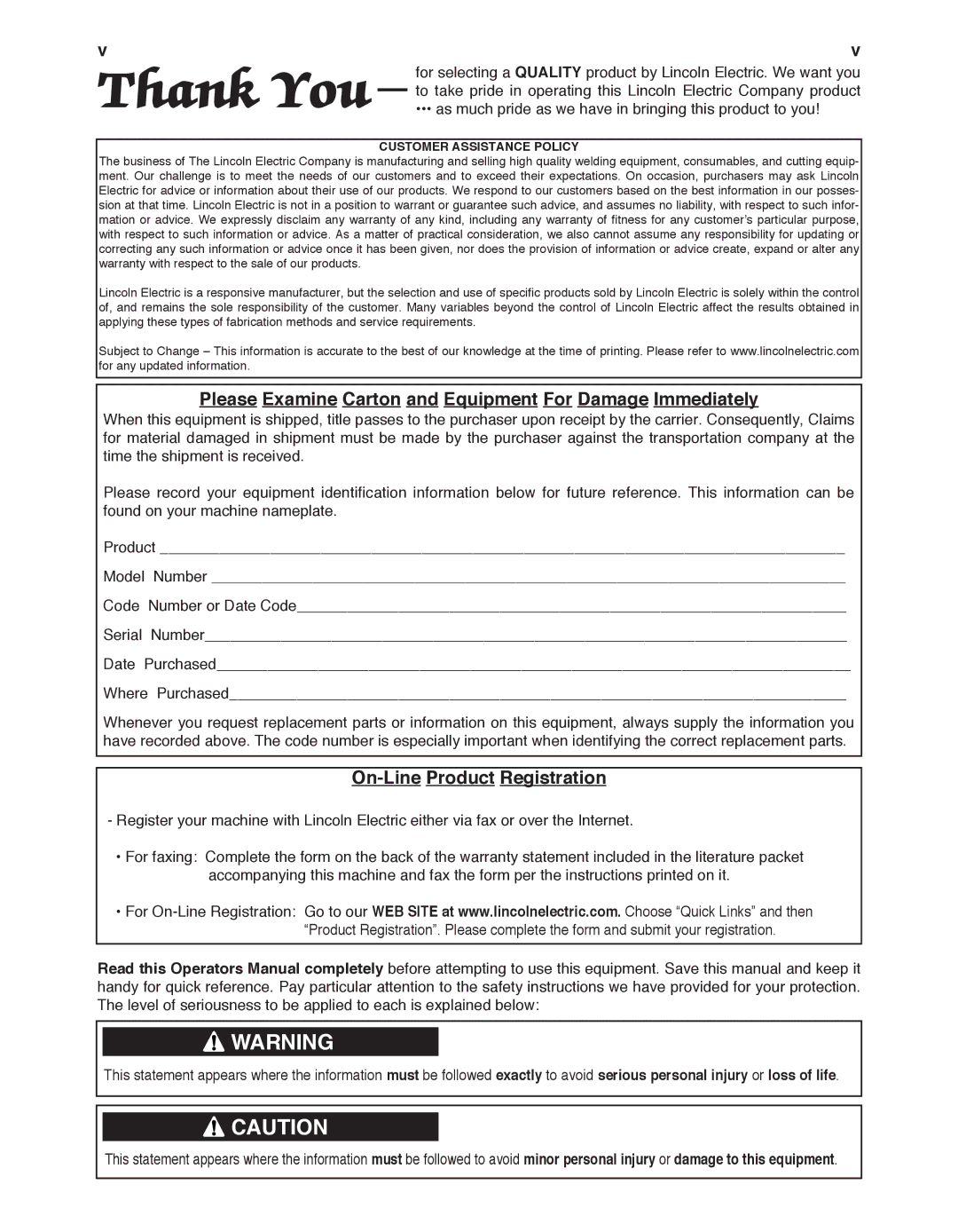 Lincoln Electric IM10030 manual Please Examine Carton and Equipment For Damage Immediately, On-Line Product Registration 